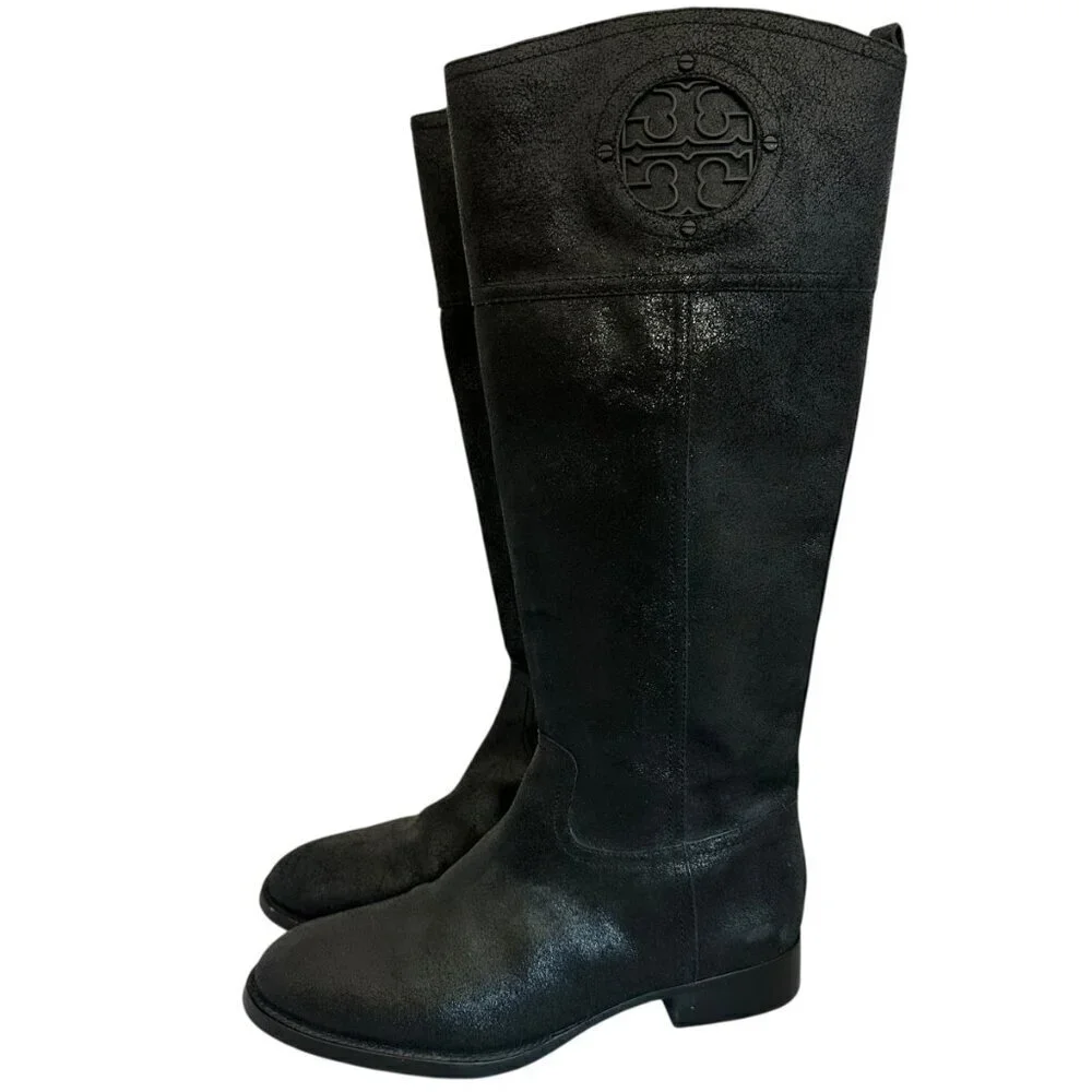 Tory Burch Kiernan Black Caviar Tumbled Leather Tall Riding Boots Size 9 Women's